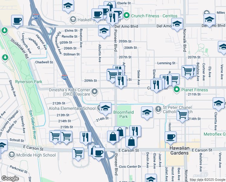 map of restaurants, bars, coffee shops, grocery stores, and more near 21011 Pioneer Boulevard in Lakewood