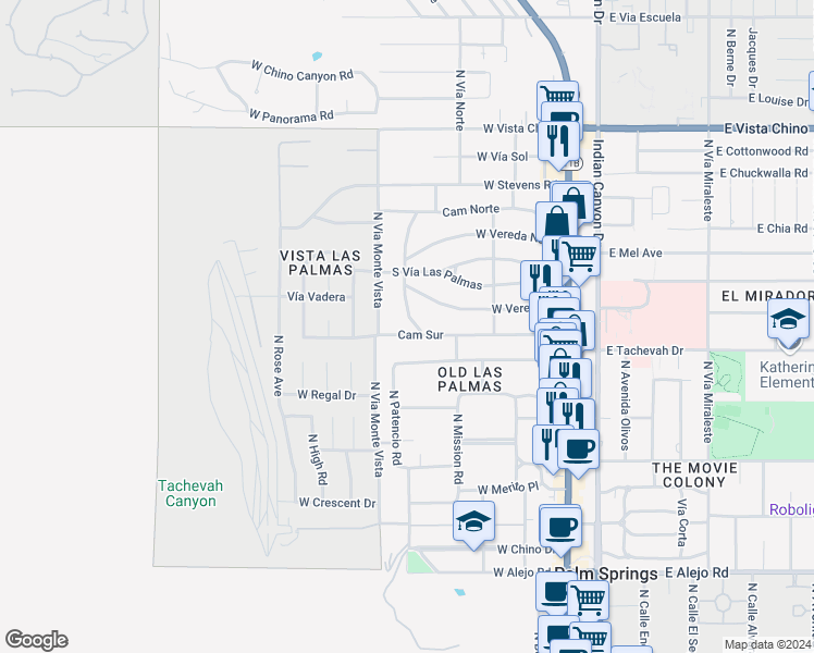 map of restaurants, bars, coffee shops, grocery stores, and more near 1133 Camino Mirasol in Palm Springs
