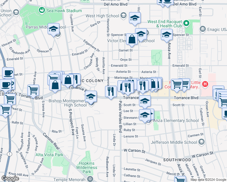 map of restaurants, bars, coffee shops, grocery stores, and more near 5326 Lorna Street in Torrance