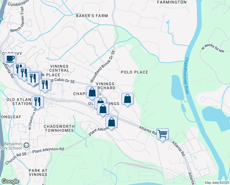map of restaurants, bars, coffee shops, grocery stores, and more near 2709 Vinings Oak Drive South East in Smyrna
