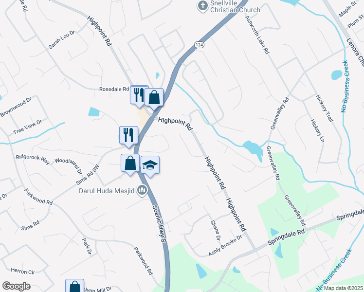 map of restaurants, bars, coffee shops, grocery stores, and more near 3090 Ashley Cove Lane in Snellville