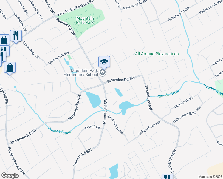 map of restaurants, bars, coffee shops, grocery stores, and more near 5087 Timber Ridge Court in Stone Mountain