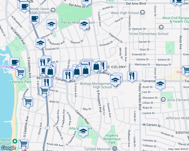 map of restaurants, bars, coffee shops, grocery stores, and more near 906 Torrance Boulevard in Redondo Beach