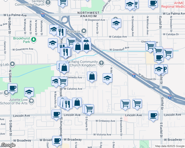 map of restaurants, bars, coffee shops, grocery stores, and more near 2057 West Hartford Place in Anaheim