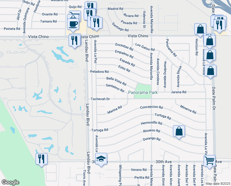 map of restaurants, bars, coffee shops, grocery stores, and more near 68210 Manzanar Court in Cathedral City