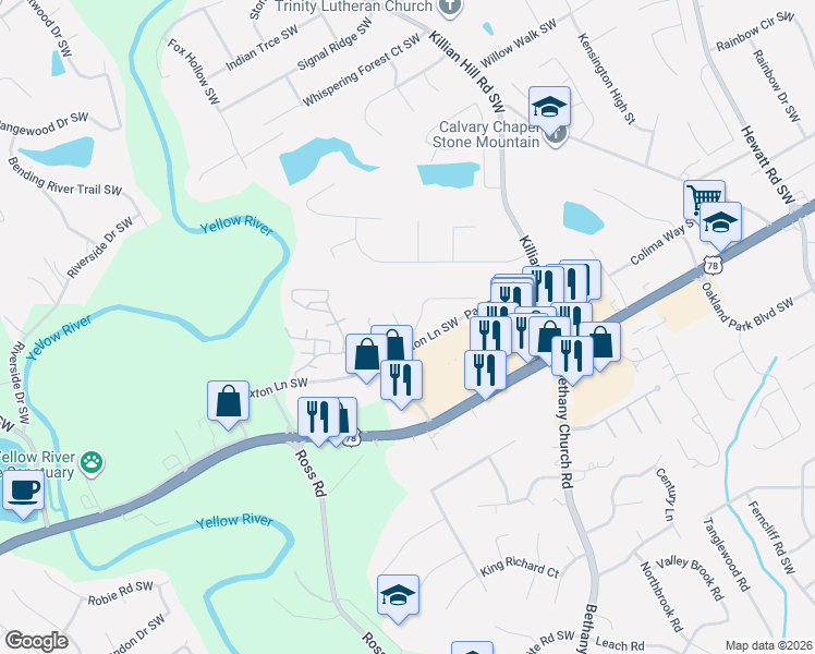 map of restaurants, bars, coffee shops, grocery stores, and more near 1900 Paxton Drive Southwest in Lilburn