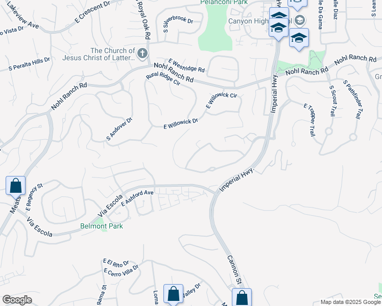 map of restaurants, bars, coffee shops, grocery stores, and more near 5347 East Big Sky Lane in Anaheim