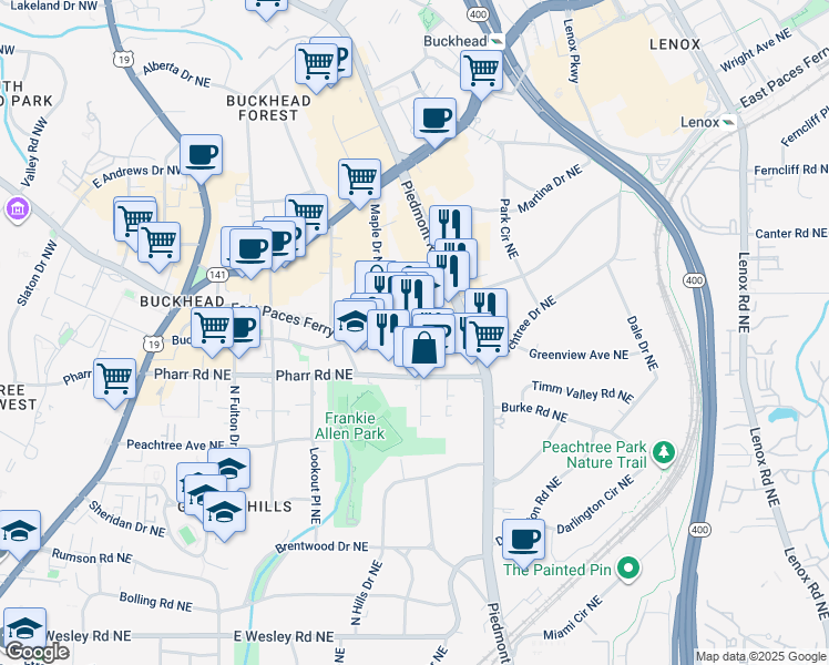 map of restaurants, bars, coffee shops, grocery stores, and more near 519 East Paces Ferry Road Northeast in Atlanta