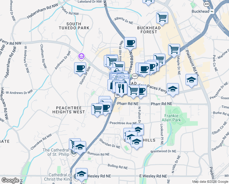 map of restaurants, bars, coffee shops, grocery stores, and more near 120 Buckhead Avenue Northeast in Atlanta