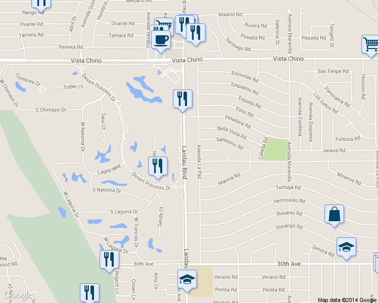 map of restaurants, bars, coffee shops, grocery stores, and more near 28850 Landau Boulevard in Cathedral City