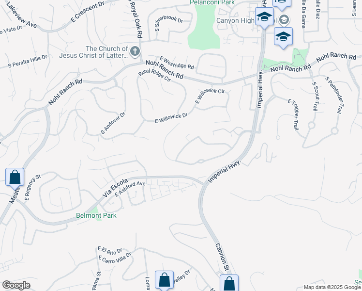map of restaurants, bars, coffee shops, grocery stores, and more near 5347 East Big Sky Lane in Anaheim