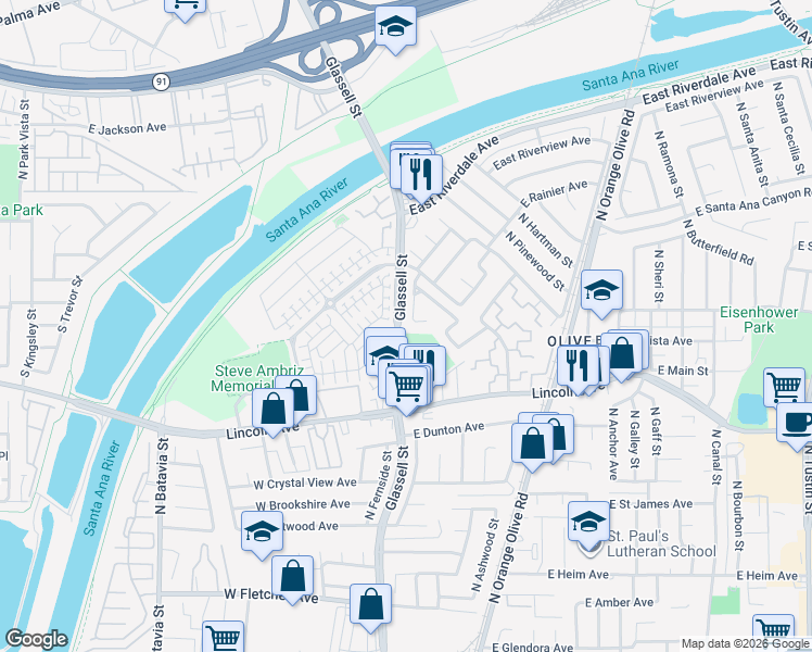map of restaurants, bars, coffee shops, grocery stores, and more near 2972 North Edgewater Street in Orange