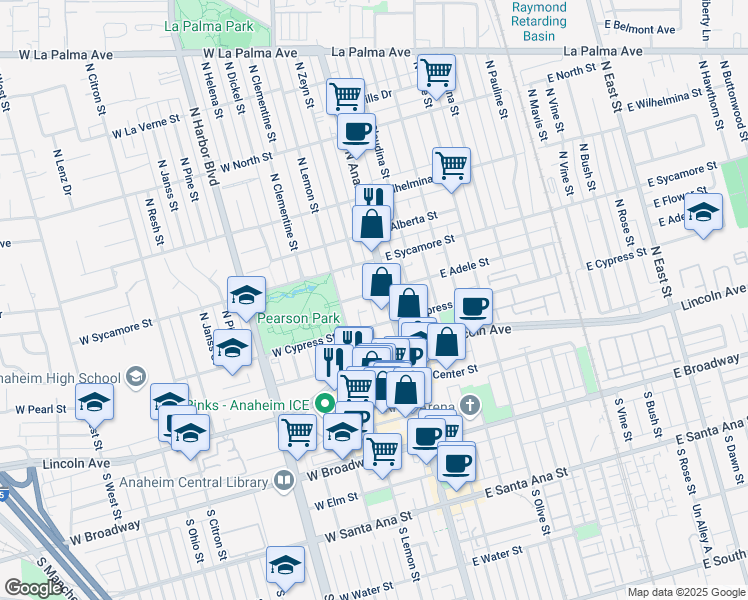 map of restaurants, bars, coffee shops, grocery stores, and more near 327 El Camino Real in Anaheim