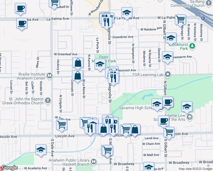 map of restaurants, bars, coffee shops, grocery stores, and more near 2611 West Baylor Circle in Anaheim