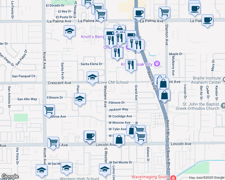 map of restaurants, bars, coffee shops, grocery stores, and more near 8520 Western Avenue in Buena Park