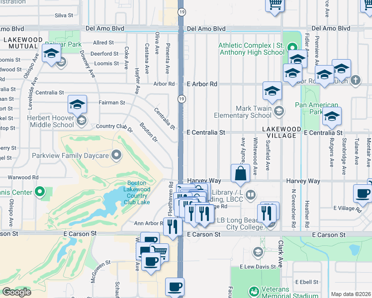 map of restaurants, bars, coffee shops, grocery stores, and more near 4423 Pepperwood Avenue in Long Beach