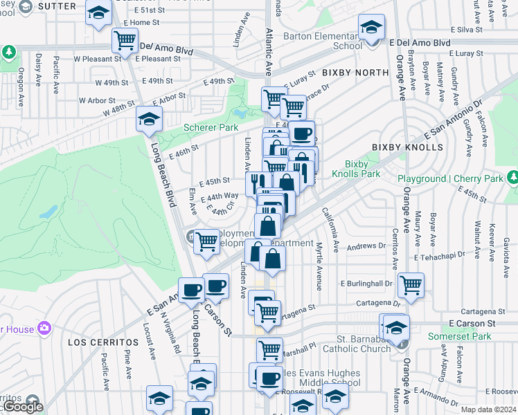map of restaurants, bars, coffee shops, grocery stores, and more near 4462 Atlantic Avenue in Long Beach