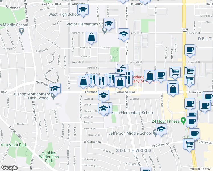 map of restaurants, bars, coffee shops, grocery stores, and more near 21104 Donora Avenue in Torrance