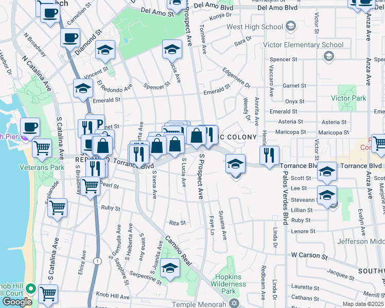 map of restaurants, bars, coffee shops, grocery stores, and more near 906 Torrance Boulevard in Redondo Beach
