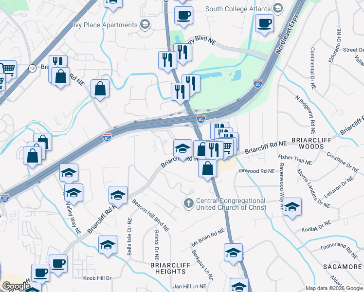 map of restaurants, bars, coffee shops, grocery stores, and more near 3050 Briarcliff Road Northeast in Atlanta