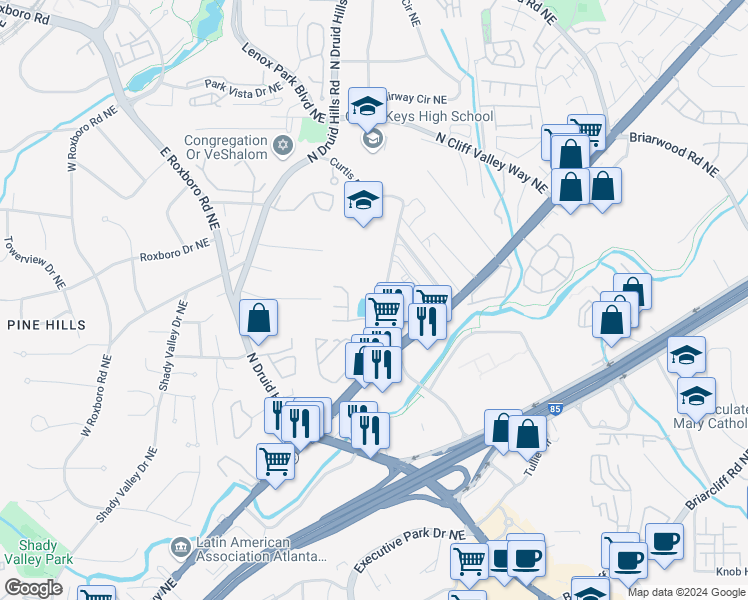 map of restaurants, bars, coffee shops, grocery stores, and more near 1242 Keys Lake Drive Northeast in Atlanta