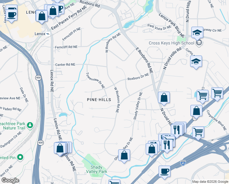 map of restaurants, bars, coffee shops, grocery stores, and more near 3068 West Roxboro Road Northeast in Atlanta