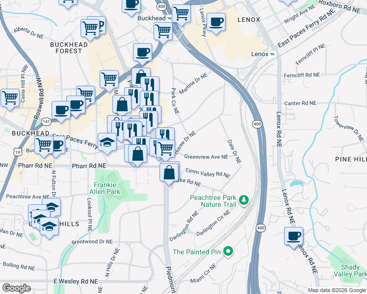 map of restaurants, bars, coffee shops, grocery stores, and more near 3063 Peachtree Drive Northeast in Atlanta