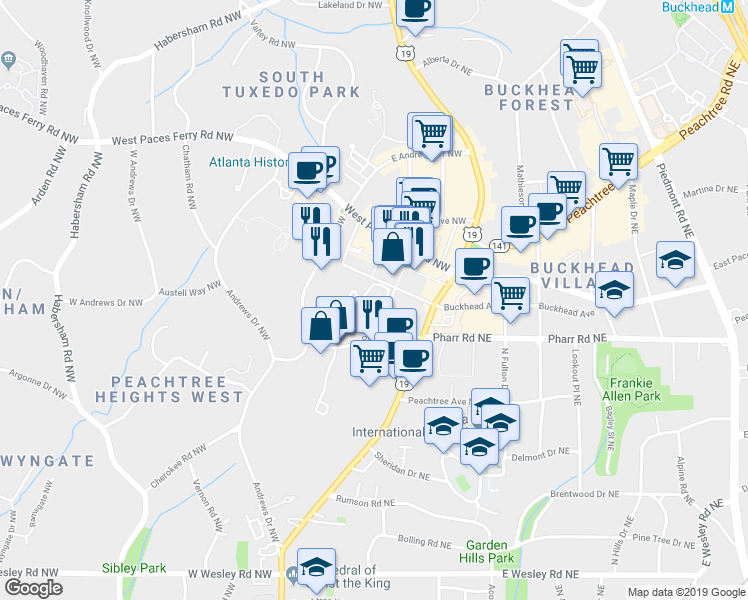 map of restaurants, bars, coffee shops, grocery stores, and more near 3057 Pharr Court North Northwest in Atlanta