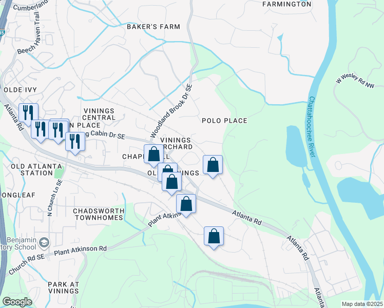 map of restaurants, bars, coffee shops, grocery stores, and more near 2709 Vinings Oak Drive South East in Smyrna