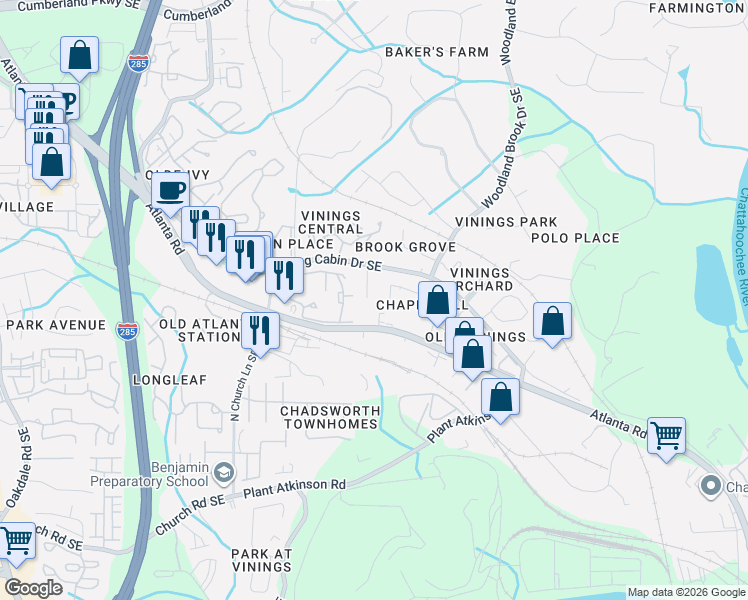 map of restaurants, bars, coffee shops, grocery stores, and more near 4824 Trolley Court Southeast in Smyrna