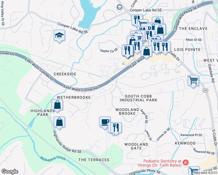 map of restaurants, bars, coffee shops, grocery stores, and more near 4804 Highside Way Southeast in Smyrna