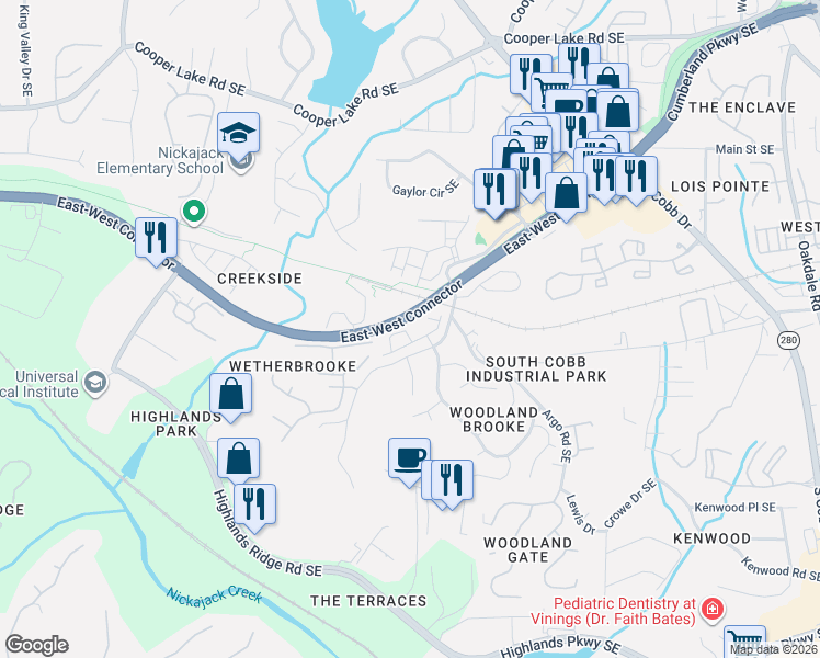 map of restaurants, bars, coffee shops, grocery stores, and more near 4804 Highside Way Southeast in Smyrna