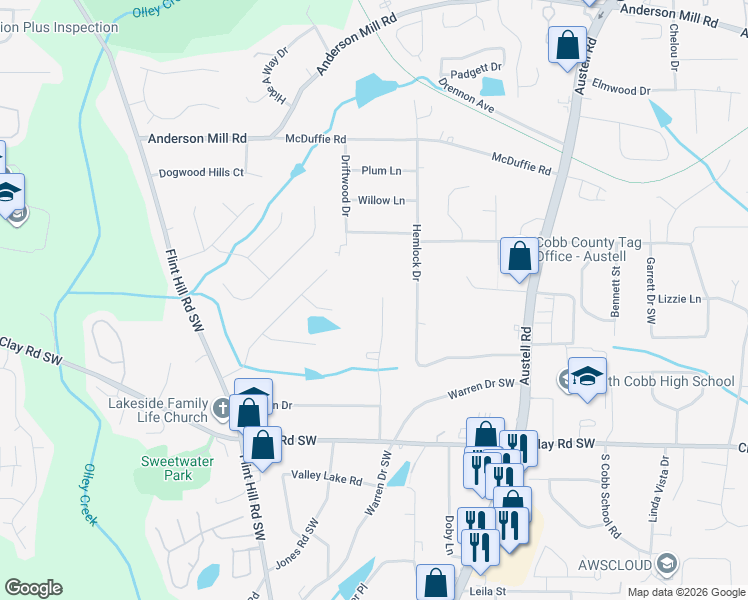 map of restaurants, bars, coffee shops, grocery stores, and more near 4720 Springdale Road in Austell