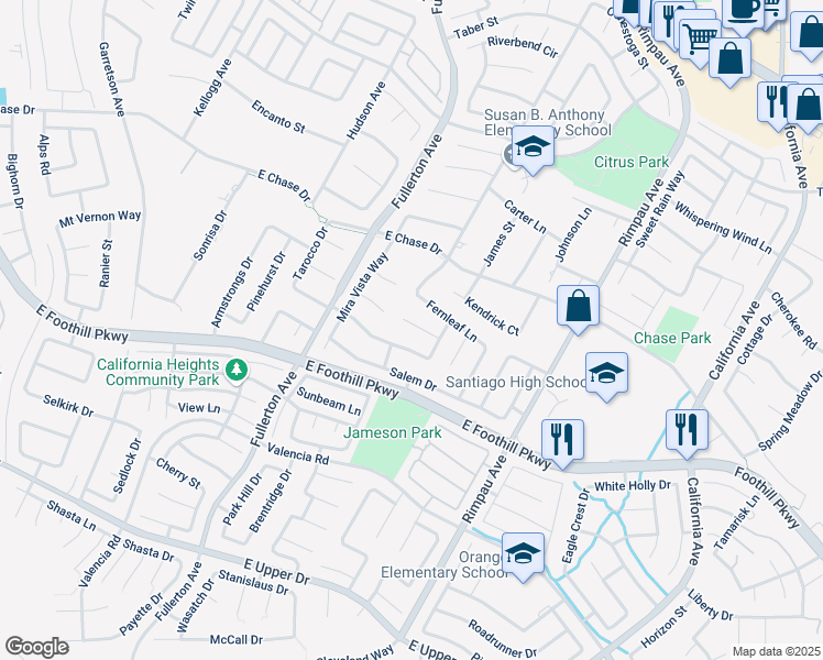 map of restaurants, bars, coffee shops, grocery stores, and more near 1110 Pampas Circle in Corona