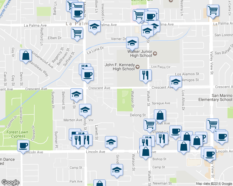 map of restaurants, bars, coffee shops, grocery stores, and more near 5246 Banbury Cir in La Palma