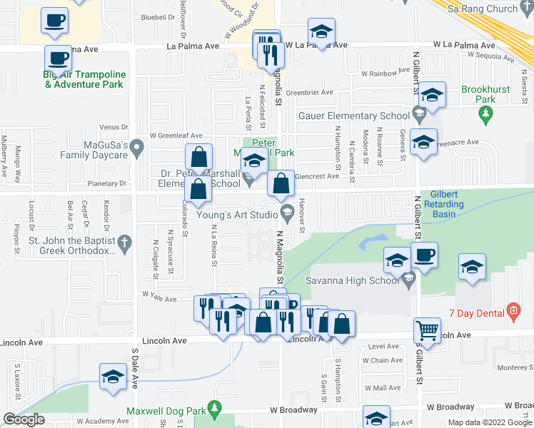 map of restaurants, bars, coffee shops, grocery stores, and more near 2611 West Baylor Circle in Anaheim
