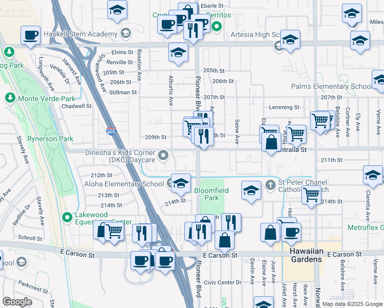 map of restaurants, bars, coffee shops, grocery stores, and more near 21011 Pioneer Boulevard in Lakewood