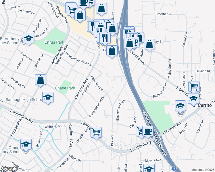 map of restaurants, bars, coffee shops, grocery stores, and more near 1607 Cherokee Road in Corona