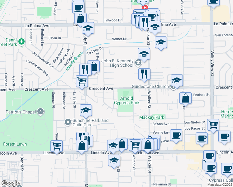map of restaurants, bars, coffee shops, grocery stores, and more near 5246 Banbury Circle in La Palma