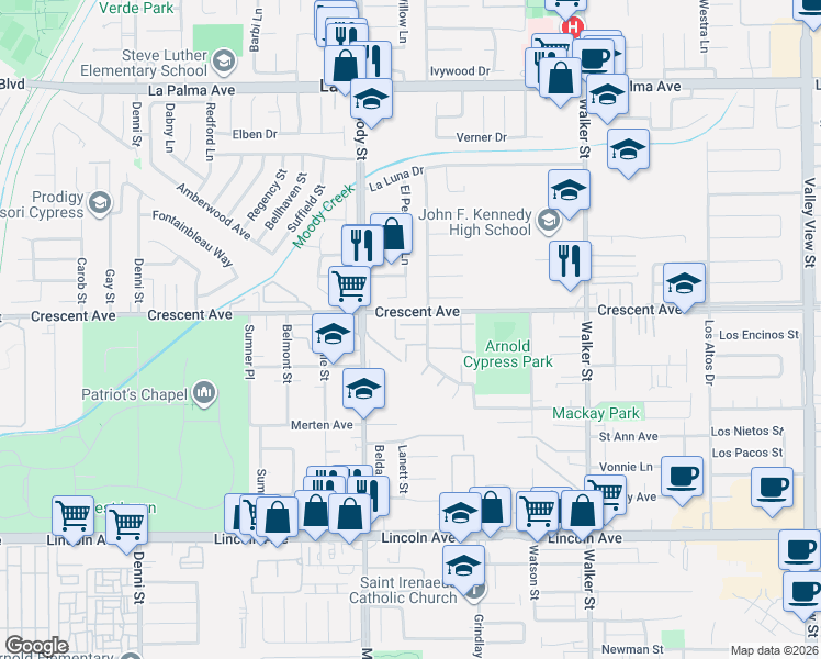 map of restaurants, bars, coffee shops, grocery stores, and more near 5100 Stratford Circle in La Palma