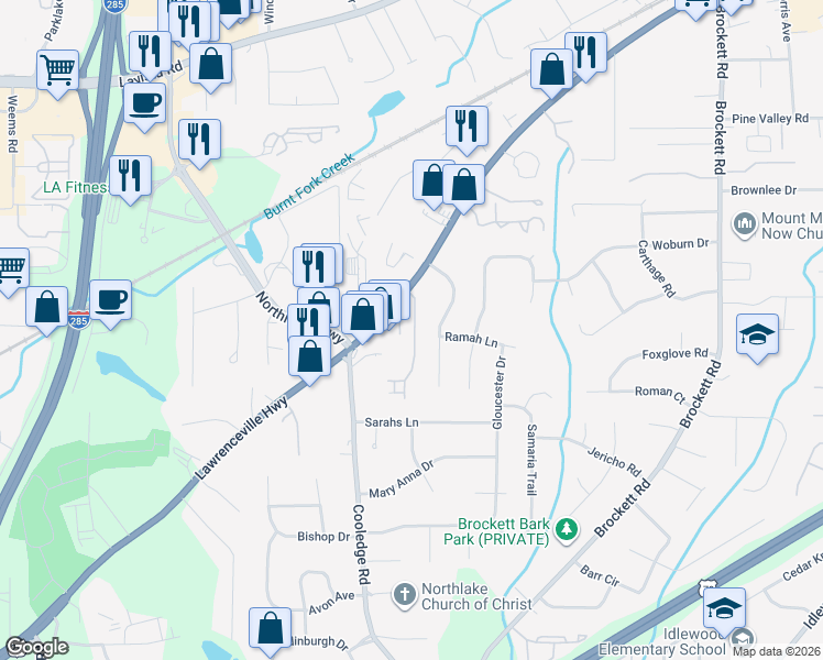 map of restaurants, bars, coffee shops, grocery stores, and more near 3417 Lawrenceville Highway in Tucker