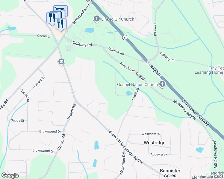 map of restaurants, bars, coffee shops, grocery stores, and more near 4782 Lewis Road in Powder Springs