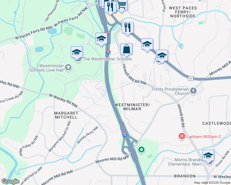 map of restaurants, bars, coffee shops, grocery stores, and more near 3085 Margaret Mitchell Drive Northwest in Atlanta