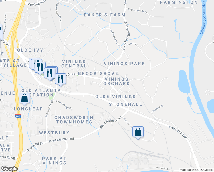 map of restaurants, bars, coffee shops, grocery stores, and more near 2768 Log Cabin Drive Southeast in Smyrna