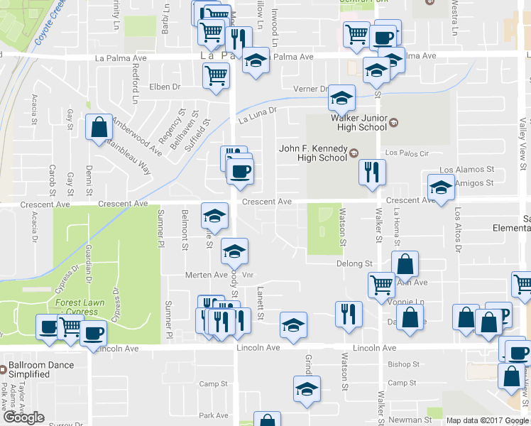 map of restaurants, bars, coffee shops, grocery stores, and more near 5100 Stratford Circle in La Palma