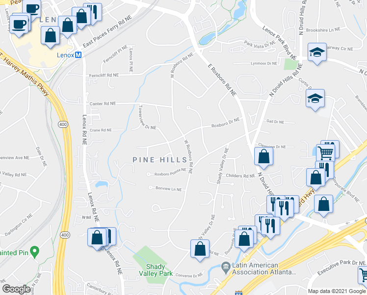 map of restaurants, bars, coffee shops, grocery stores, and more near 3068 West Roxboro Road Northeast in Atlanta
