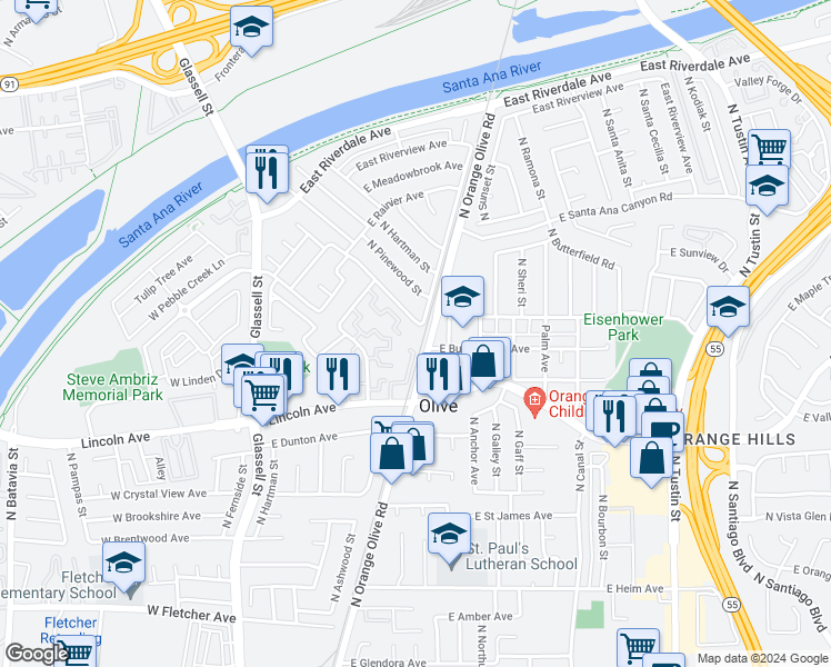 map of restaurants, bars, coffee shops, grocery stores, and more near 2966 North Ashwood Street in Orange