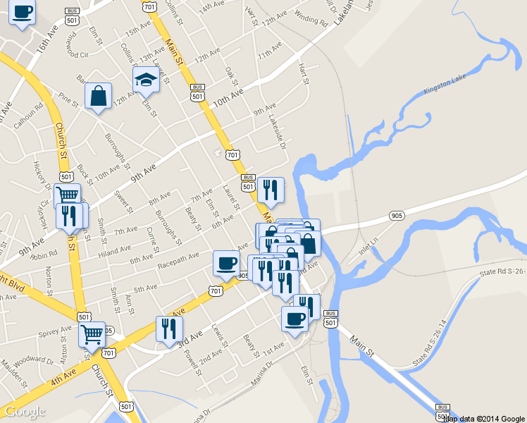 map of restaurants, bars, coffee shops, grocery stores, and more near 507 Main St in Conway