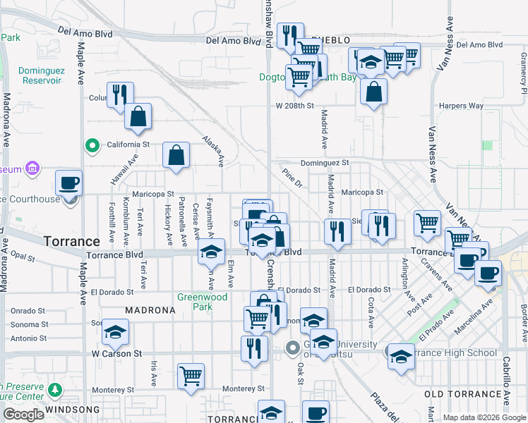 map of restaurants, bars, coffee shops, grocery stores, and more near 2504 Lesserman Street in Torrance