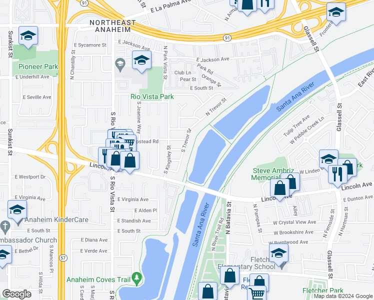 map of restaurants, bars, coffee shops, grocery stores, and more near 200 South Trevor Street in Anaheim